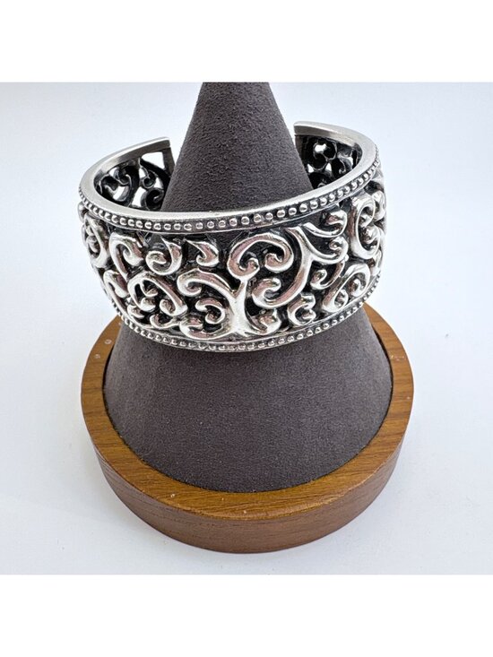 Jewelry - Openwork Scroll Design Sterling Silver 925 Beaded Border Cuff Bracelet 7.5" Fit